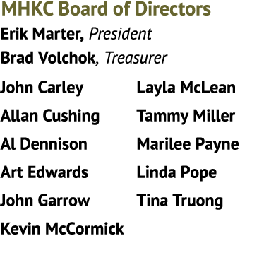 MHKC Board of Directors Erik Marter, President Brad Volchok, Treasurer John Carley Allan Cushing Al Dennison Art Edwa...