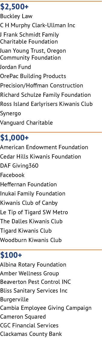 $2,500+ Buckley Law C H Murphy Clark Ullman Inc J Frank Schmidt Family Charitable Foundation Juan Young Trust, Oregon...